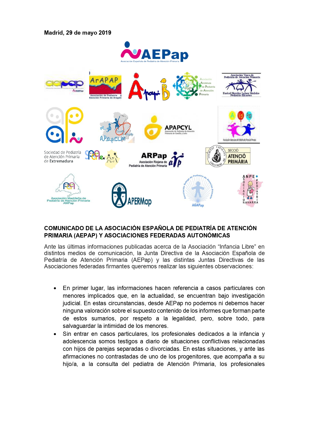 Comunicado de la Asociación Española de Pediatría de Atención Primaria Comunicado de la Asociación Española de Pediatría de Atención Primaria